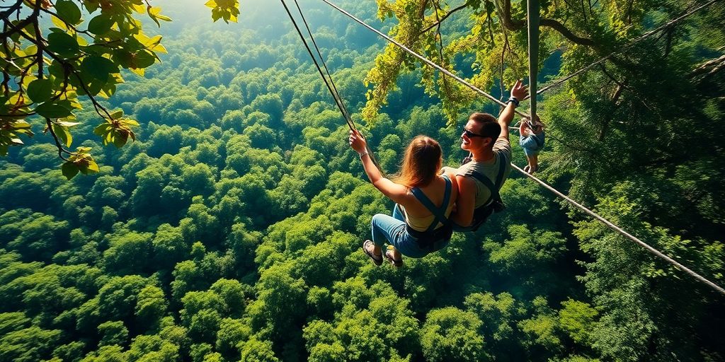 Couple ziplining through lush green forest canopy.