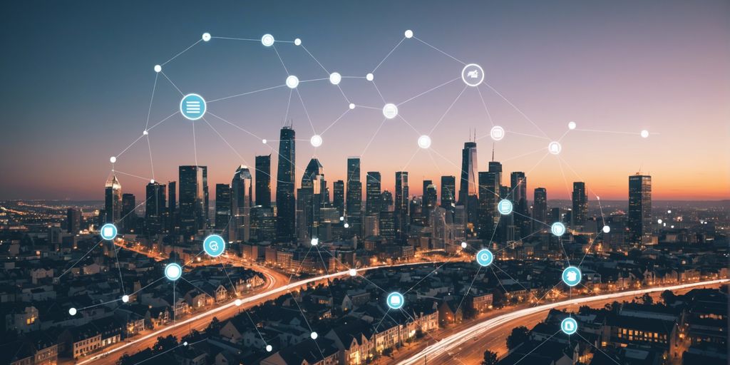 Modern city skyline with real estate icons and graphs, symbolizing essential digital marketing tools for the real estate sector.