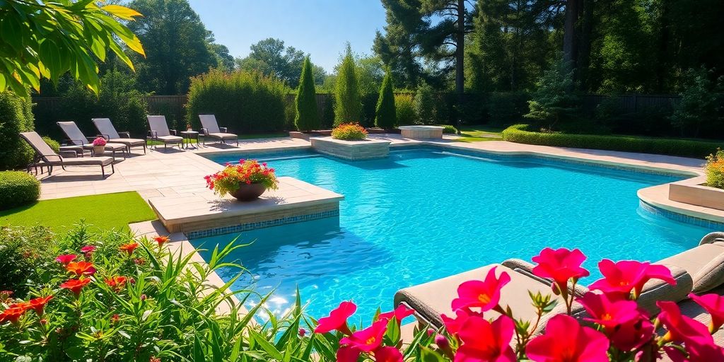 Piscina em quintal com paisagismo sofisticado e verde.
