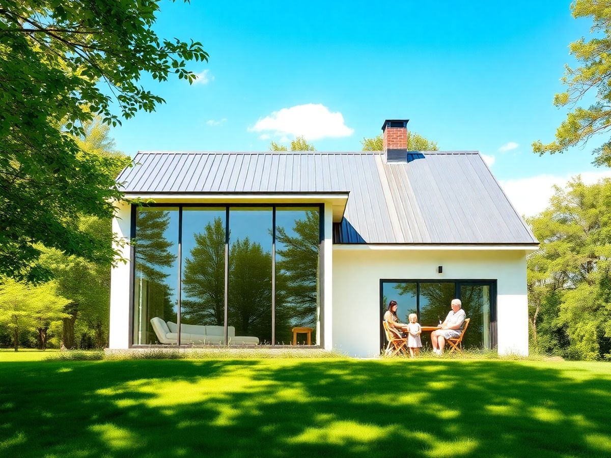 Casă modernă, eficientă energetic, înconjurată de natură.