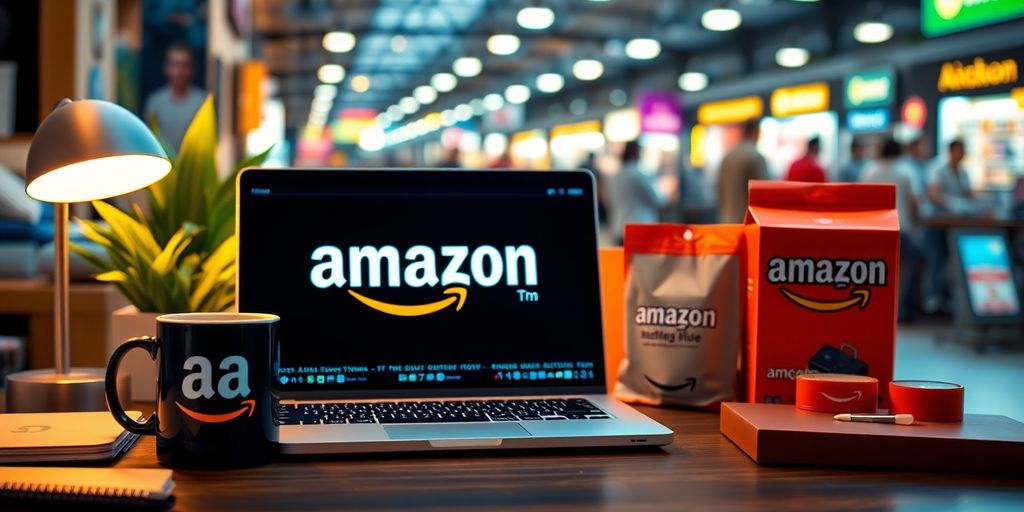 Workspace with laptop, coffee, and Amazon products.