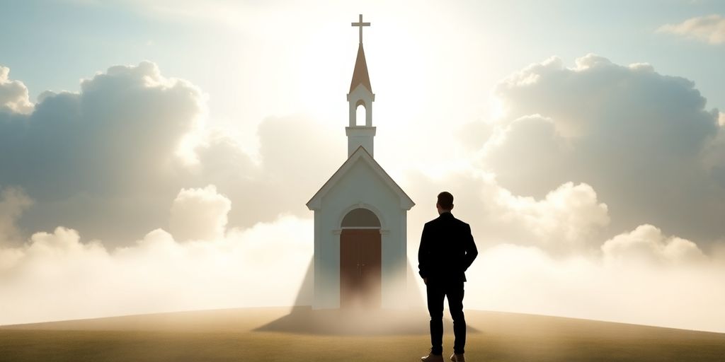 Silhouette by a chapel in a peaceful landscape.