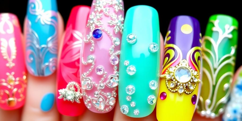 Unhas de gel decoradas com padrões coloridos e elegantes.