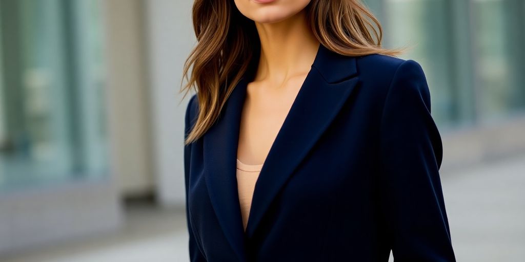 Woman wearing a navy blue Zara blazer with crisp lapels.