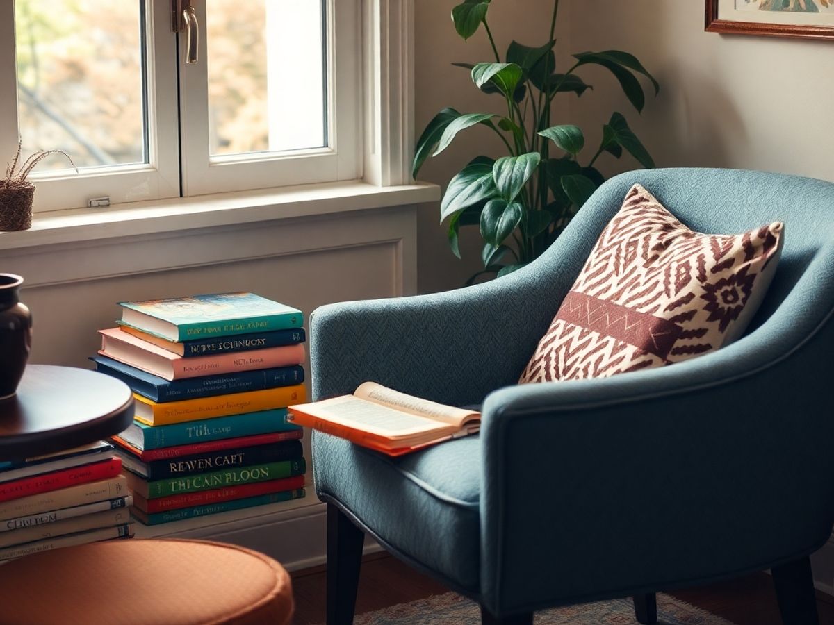 Cozy reading nook with books and a cup of coffee.