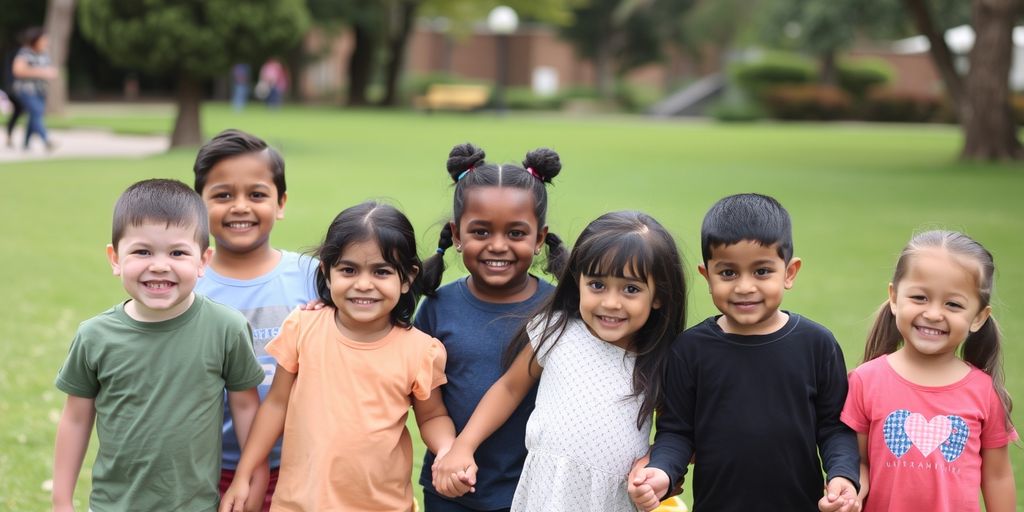 Children of different ethnicities holding hands in a park.