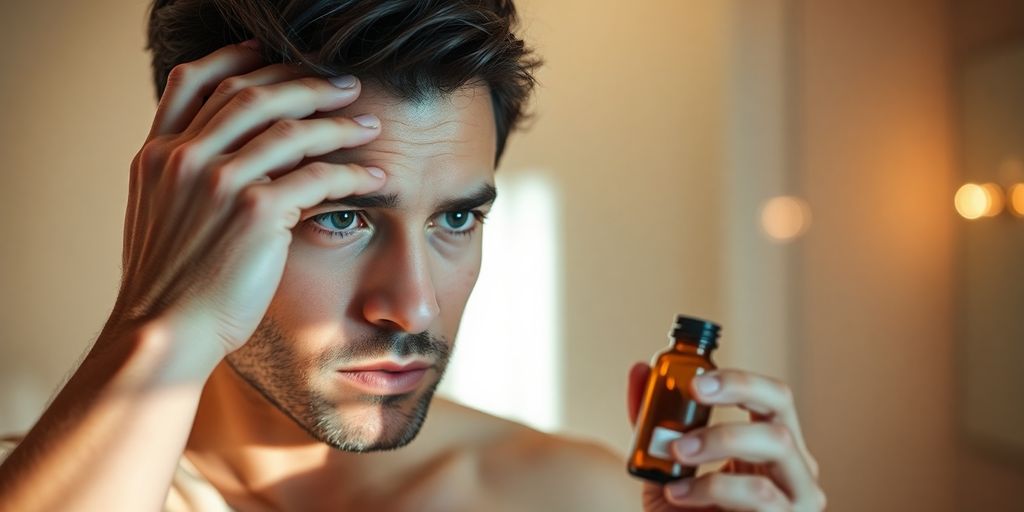 Homem preocupado com queda de cabelo, segurando frasco de remédio oral.