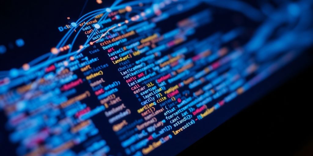 Glowing lines of code on a dark screen