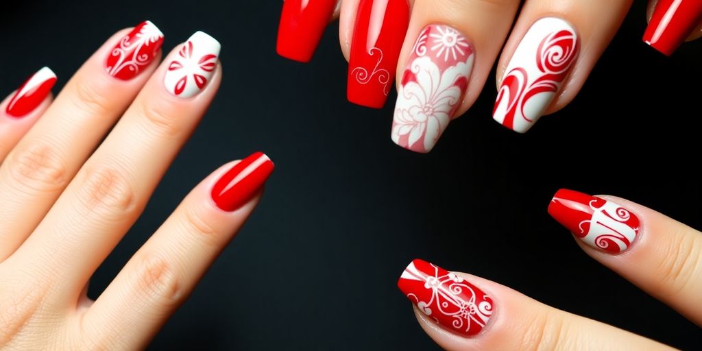 Unhas decoradas em vermelho e branco.
