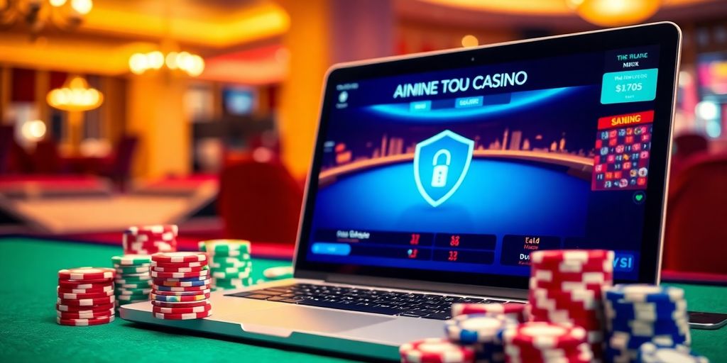 Betrouwbare online casino met laptop en poker chips.