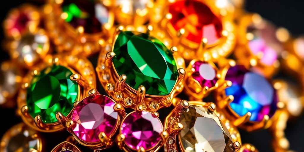 Bijoux en or avec pierres précieuses colorées et brillantes.