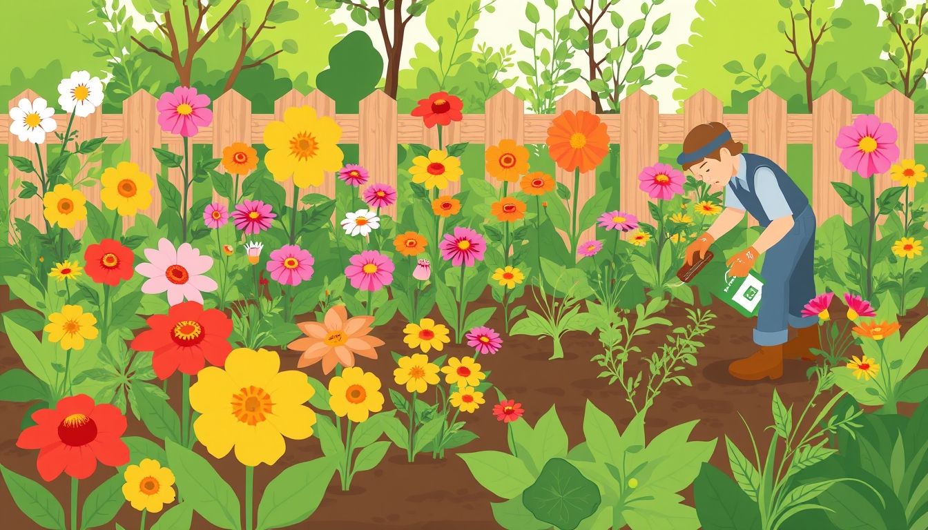 Gardener fertilising a lush, blooming garden