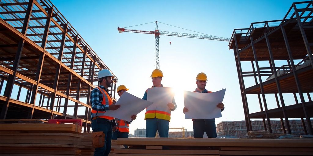 Construction site with blueprints and hard hats.