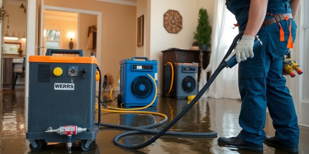 Technician restoring home after water damage with equipment.