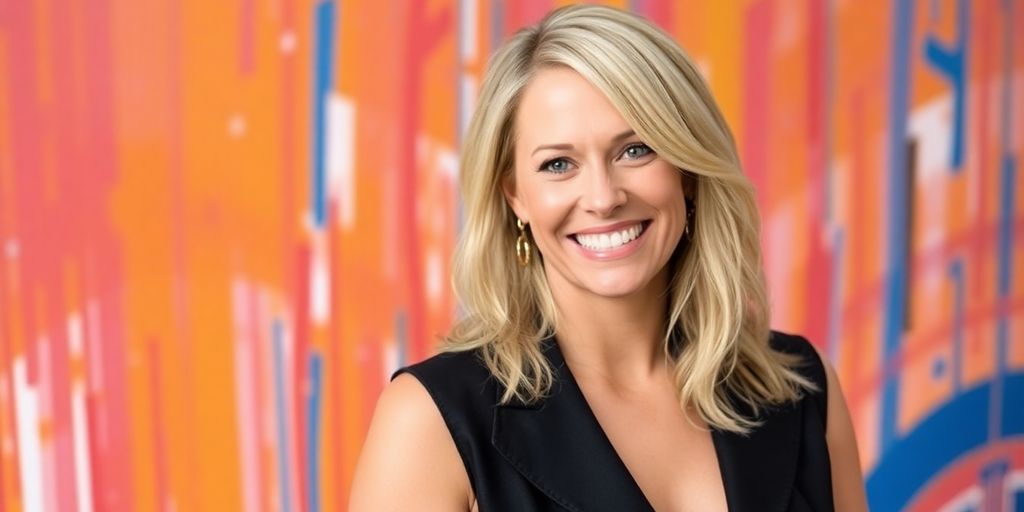 Teddi Mellencamp smiling with a vibrant background.