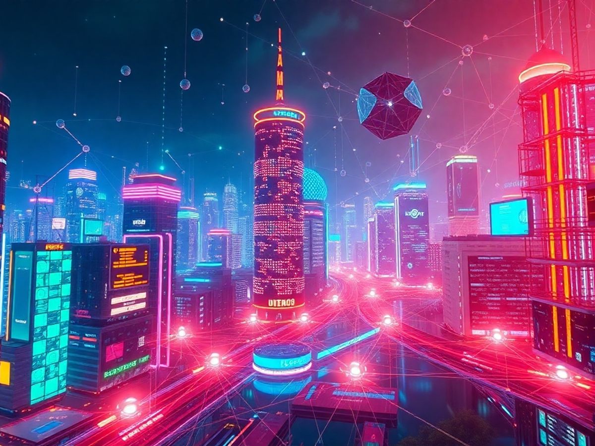 Futuristic cityscape with digital connections and vibrant colors.