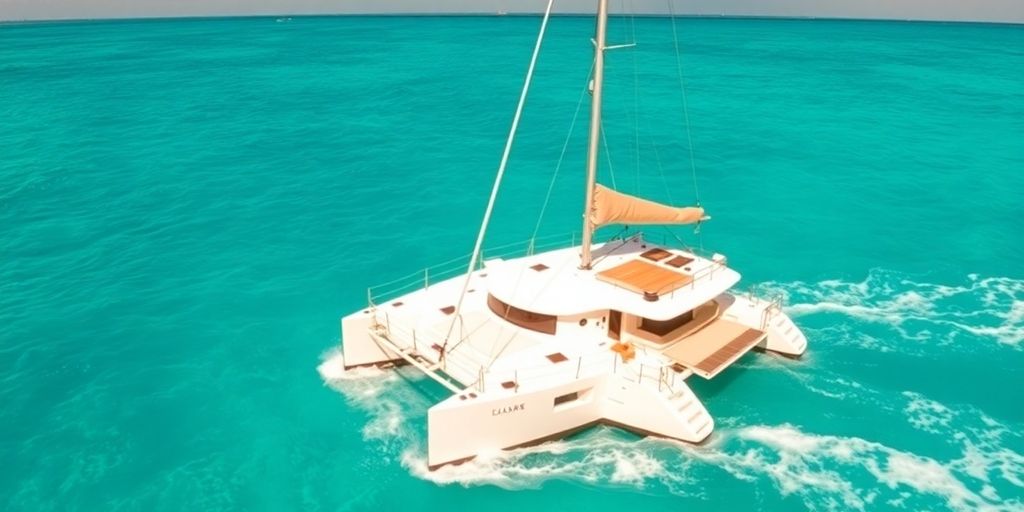 Luxurious catamaran sailing on turquoise waters.