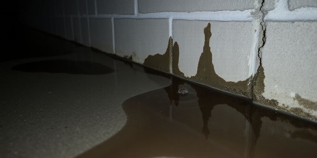Basement floor with water puddle and damp wall.