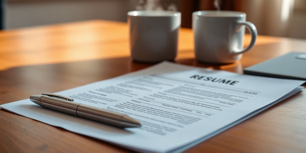 Polished resume, pen, and coffee mug on a desk.