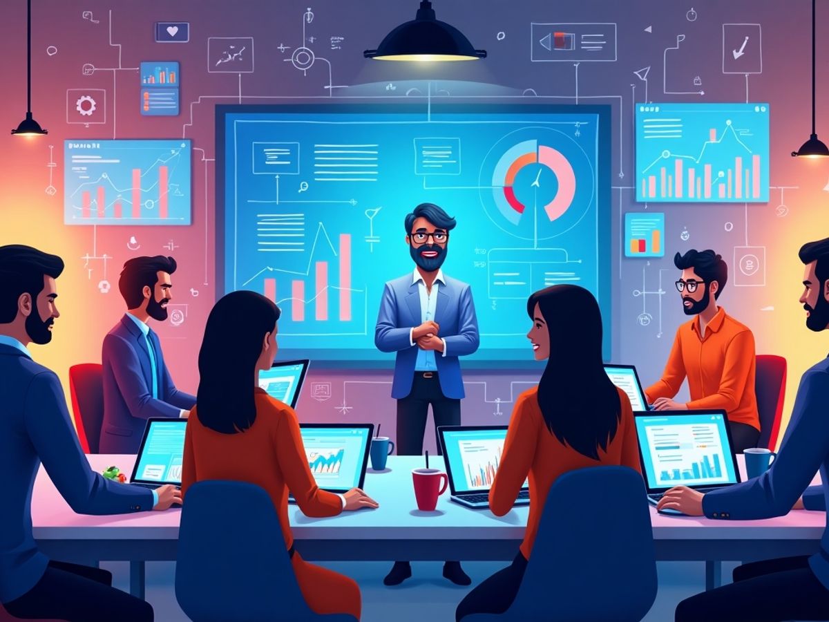 Diverse professionals using AI tools in a modern workspace.