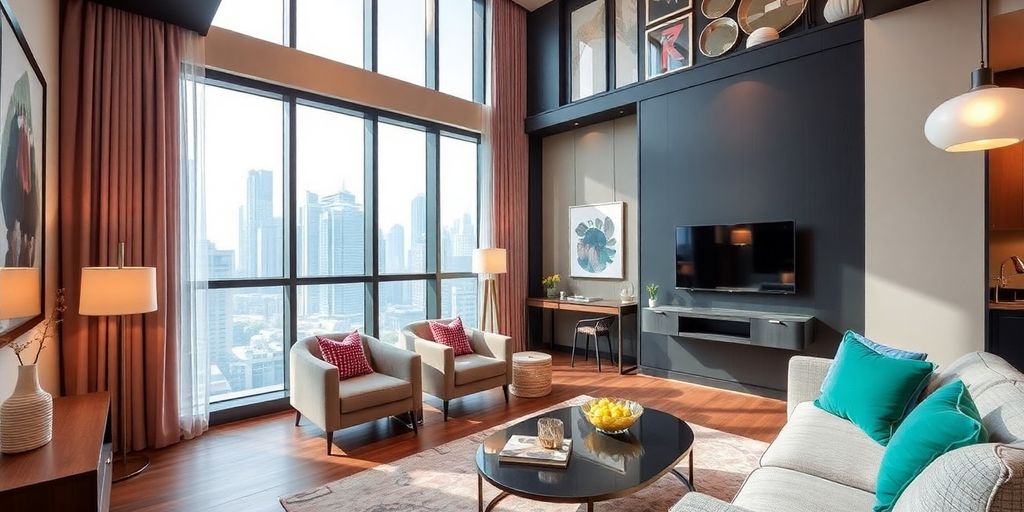 Modern serviced apartment interior in Shanghai with city views.