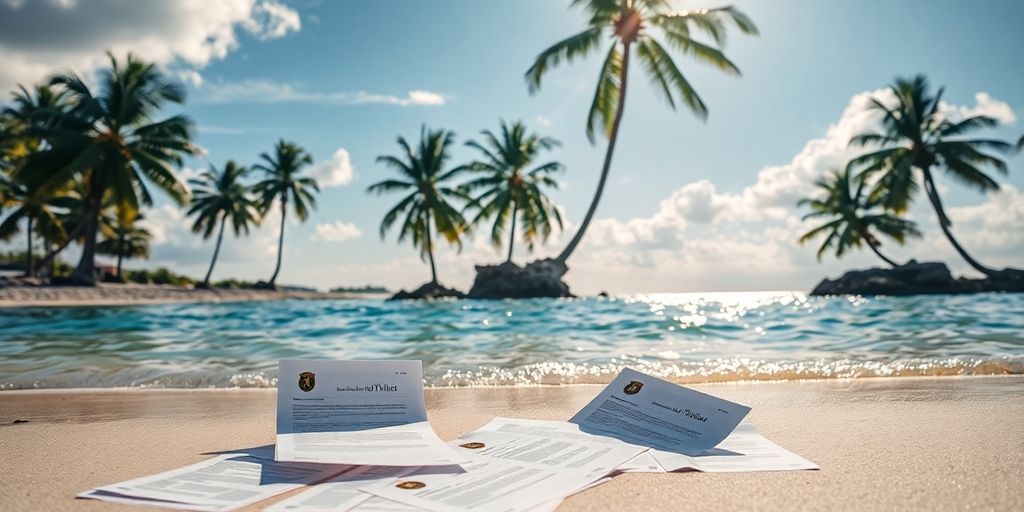 Phuket island with tax documents overhead.