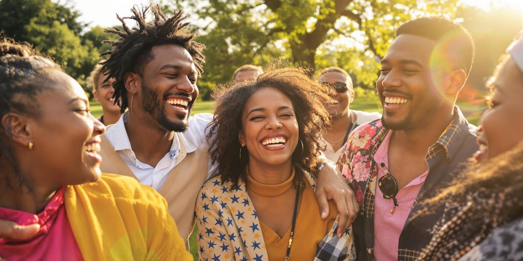 Vrolijke mensen lachen samen in de natuur.