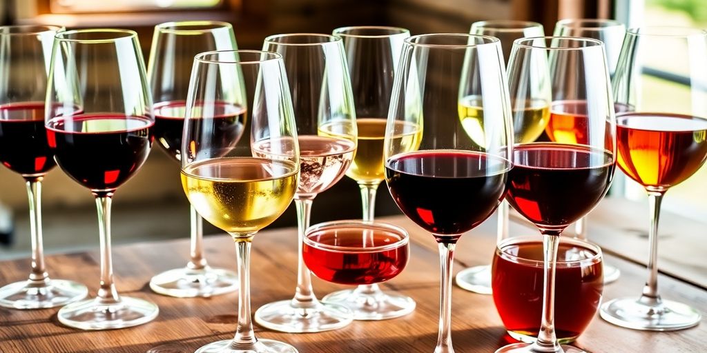 A variety of wine glasses filled with different wines.
