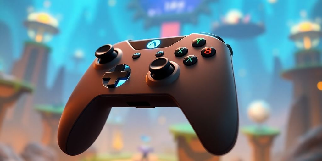 Futuristic game controller glowing with Google logo.