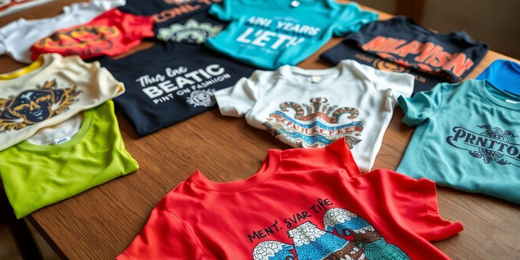 Colorful t-shirts on a table, showcasing unique designs.