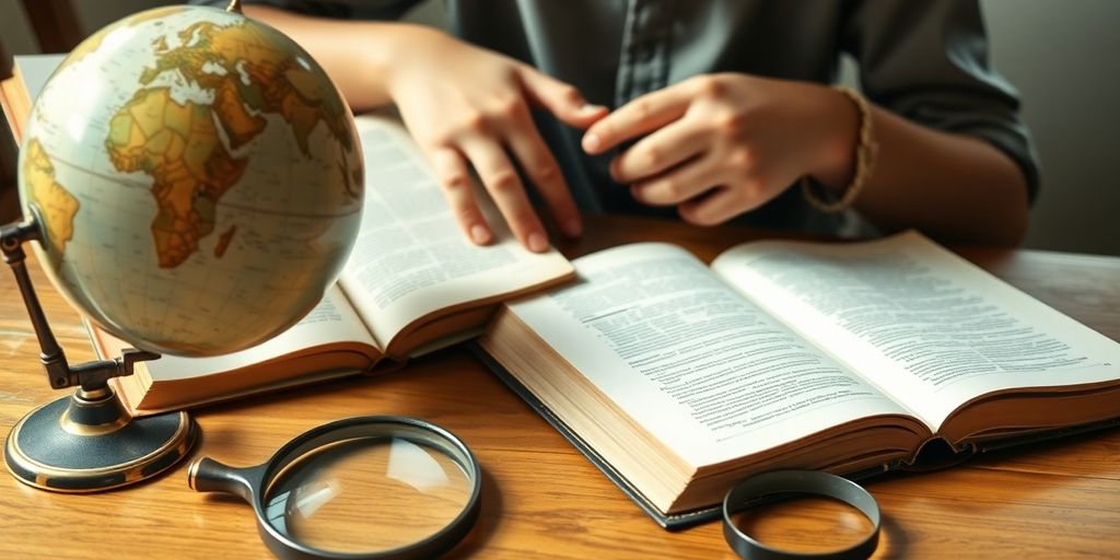 Élève étudiant l'histoire-géographie pour le Brevet avec livres et globe.