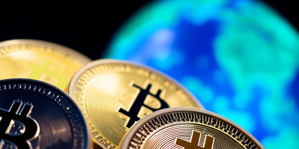 Digital coins circling globe.