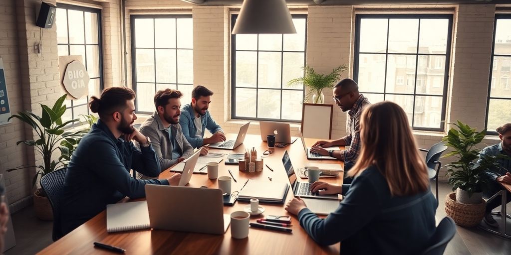 Entrepreneurs collaborating in a bright, creative workspace.
