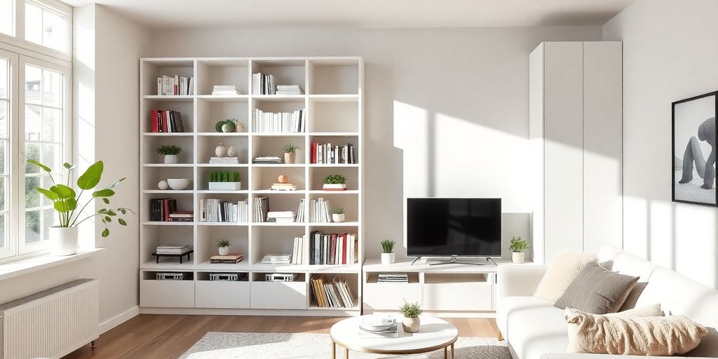 Ljust vardagsrum med integrerad IKEA förvaring för böcker och inredning.