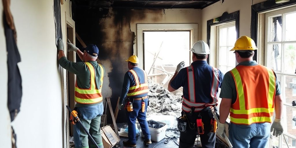 Restoration team repairing a fire-damaged house interior.