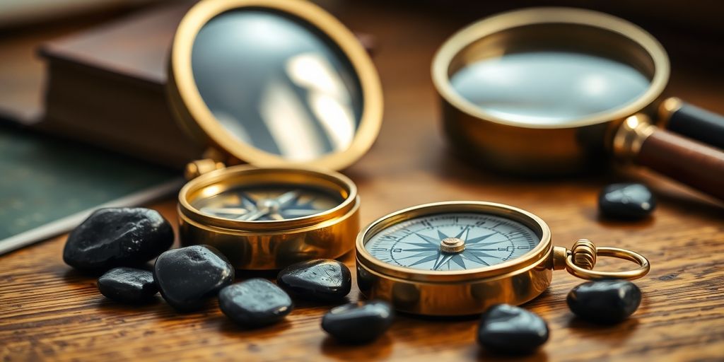 Golden compass, magnifying glass, financial charts.