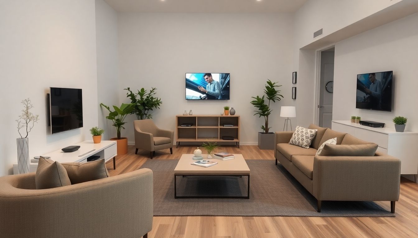 Modern living room with smart devices and accessible design.
