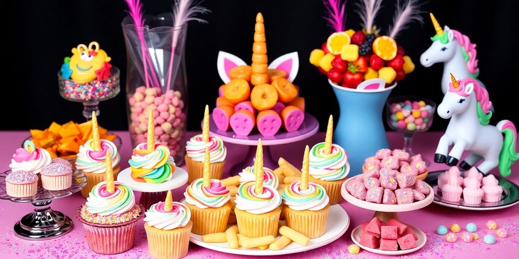 Colourful unicorn-themed food and treats on a table.