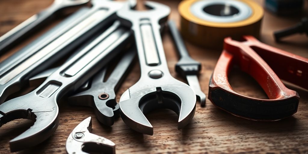 Close-up of plumber's tools on a workbench.