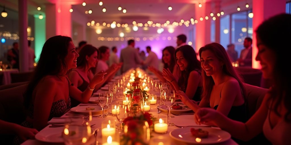 Elegant dinner party scene in Dubai, filled with guests.