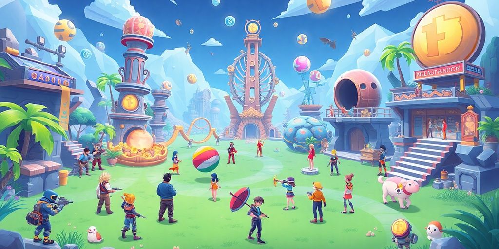 Colorful nft gaming characters in a futuristic landscape.