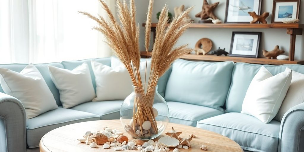 Coastal decor: seashells, driftwood, blue accents, natural light.