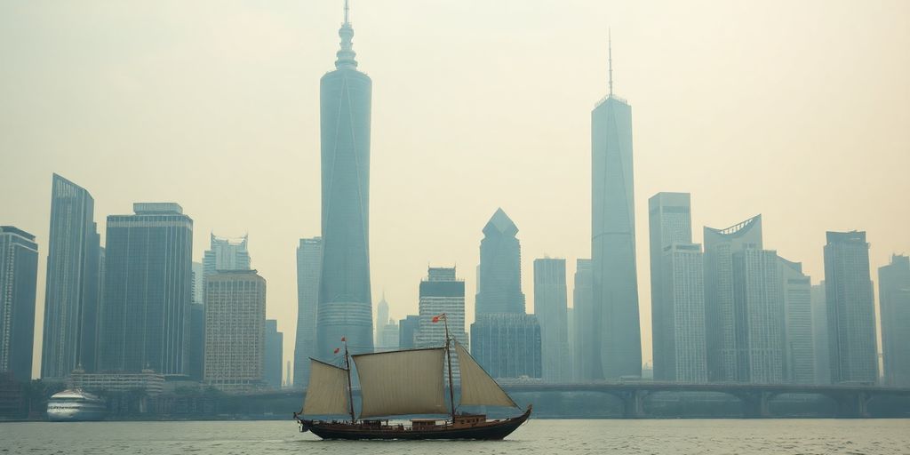 Shanghai skyline with a traditional boat on the river.