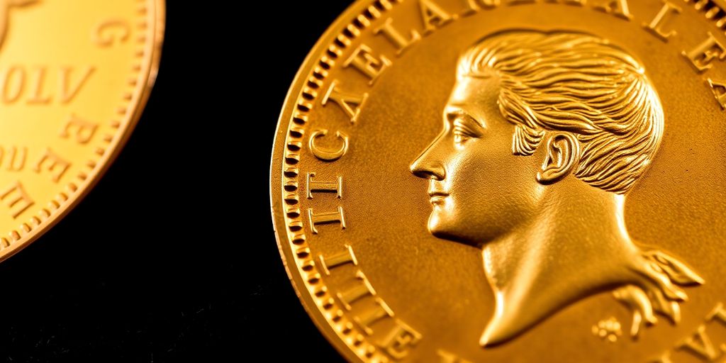 Une pièce de Napoléon en or sur fond sombre.