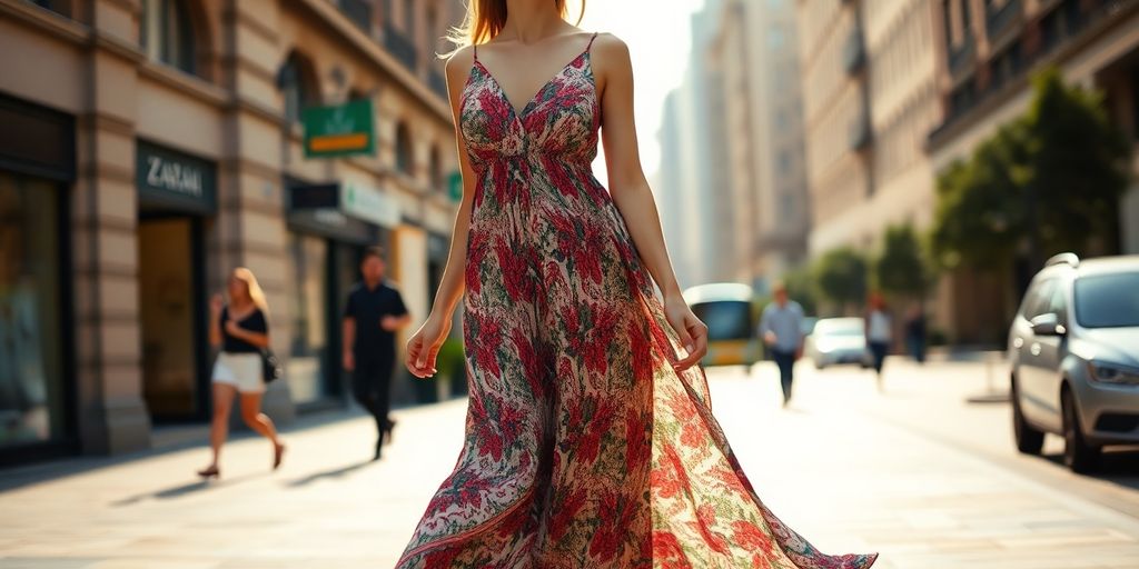 Woman in stylish Zara dress, urban street.