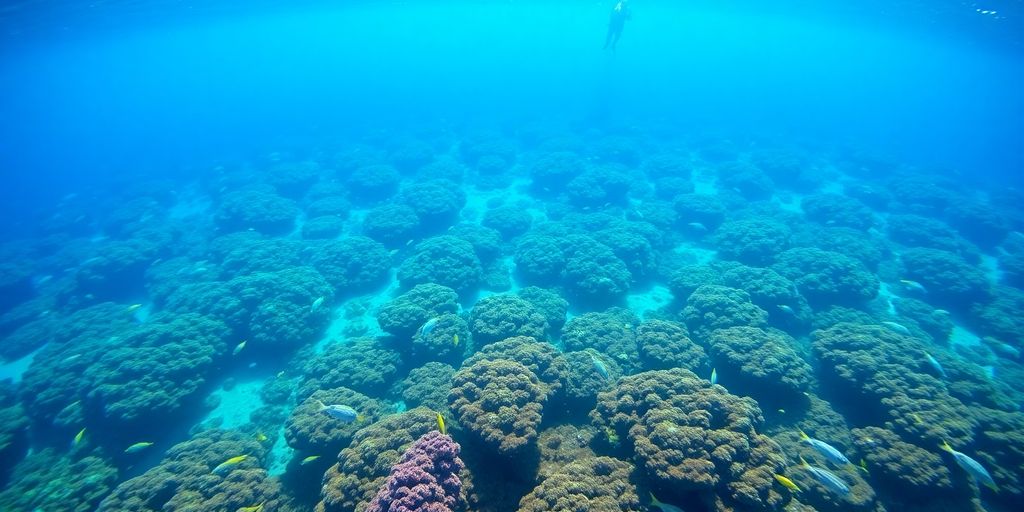 Underwater view of colorful fish near coral.