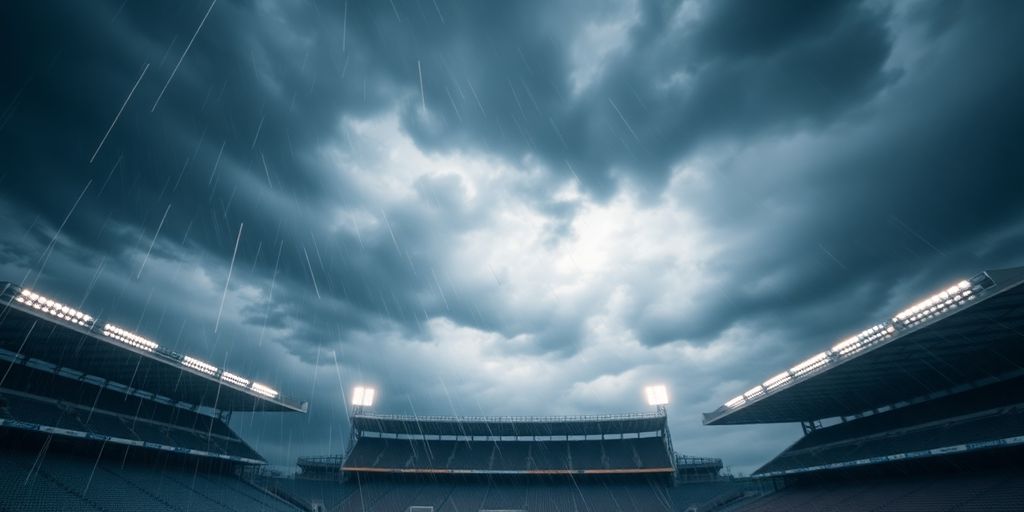 Stadium with a stormy sky looming over it.