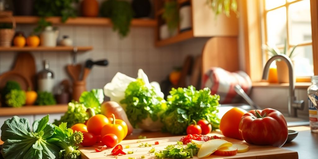 A chef's kitchen stocked with fresh produce.
