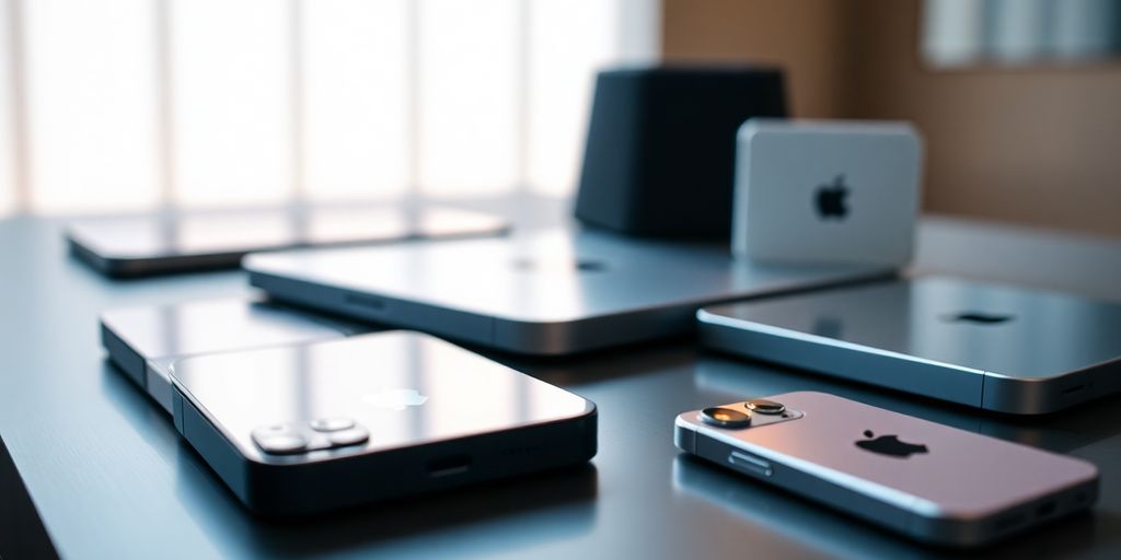 Sleek Apple devices on a stage.