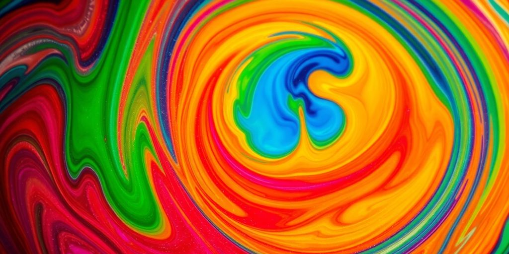 Abstract paint swirls in vibrant hues.